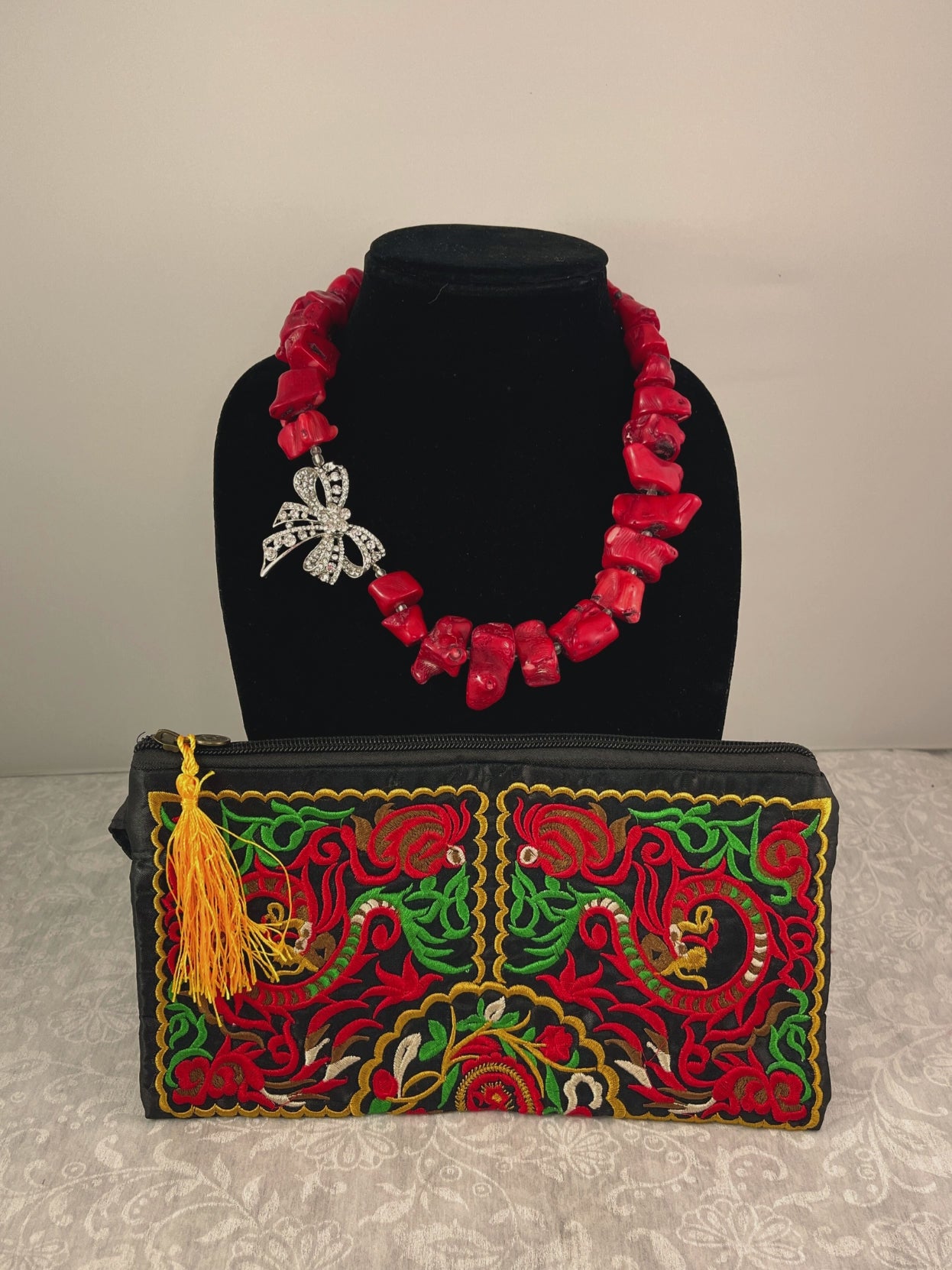 Chunky Red Statement Necklace and Floral Embroidery Clutch Set