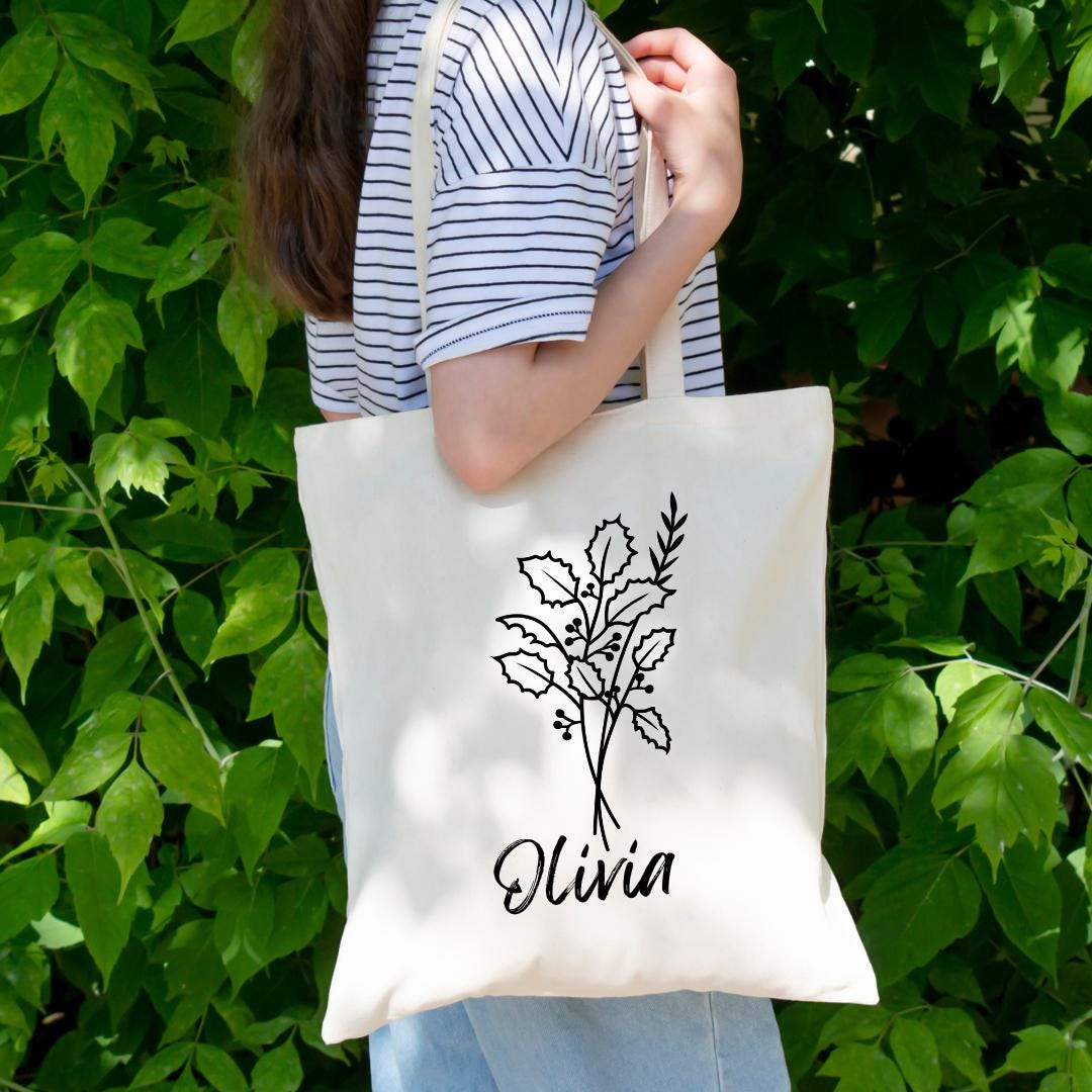 Birth Month Flower Tote Bag With Zipper, Bridesmaid Gifts, Travel Gift, Birthday Flower Gift for Her, Gift for Mom, Wedding Floral Gift Bag