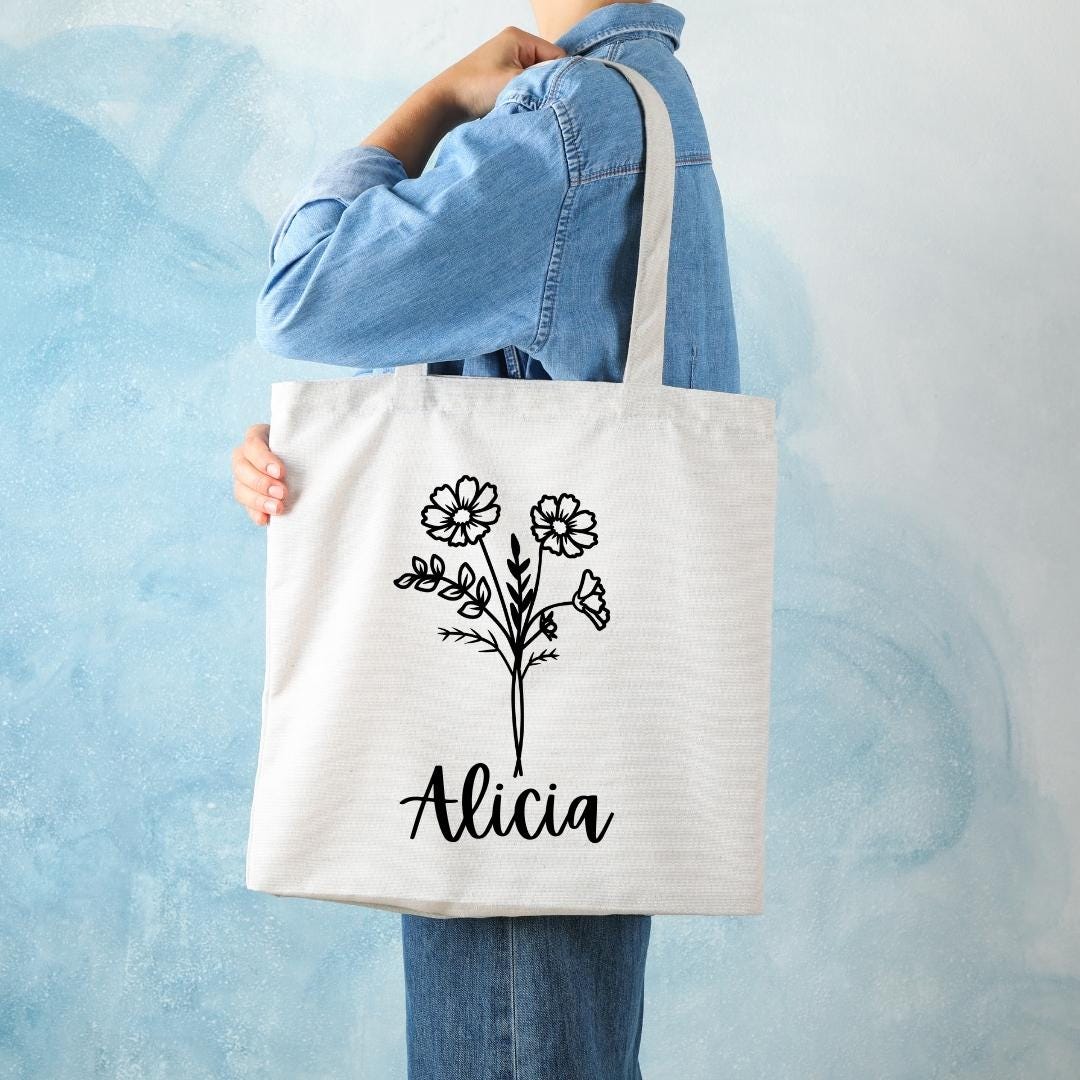 Birth Month Flower Tote Bag With Zipper, Bridesmaid Gifts, Travel Gift, Birthday Flower Gift for Her, Gift for Mom, Wedding Floral Gift Bag