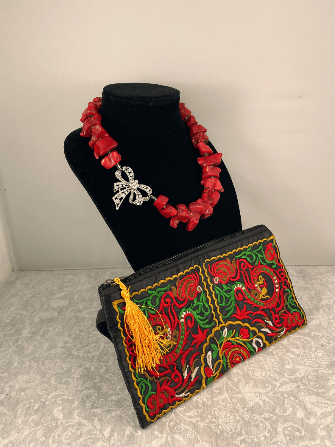 Chunky Red Statement Necklace and Floral Embroidery Clutch Set - OhSoColorful Co.