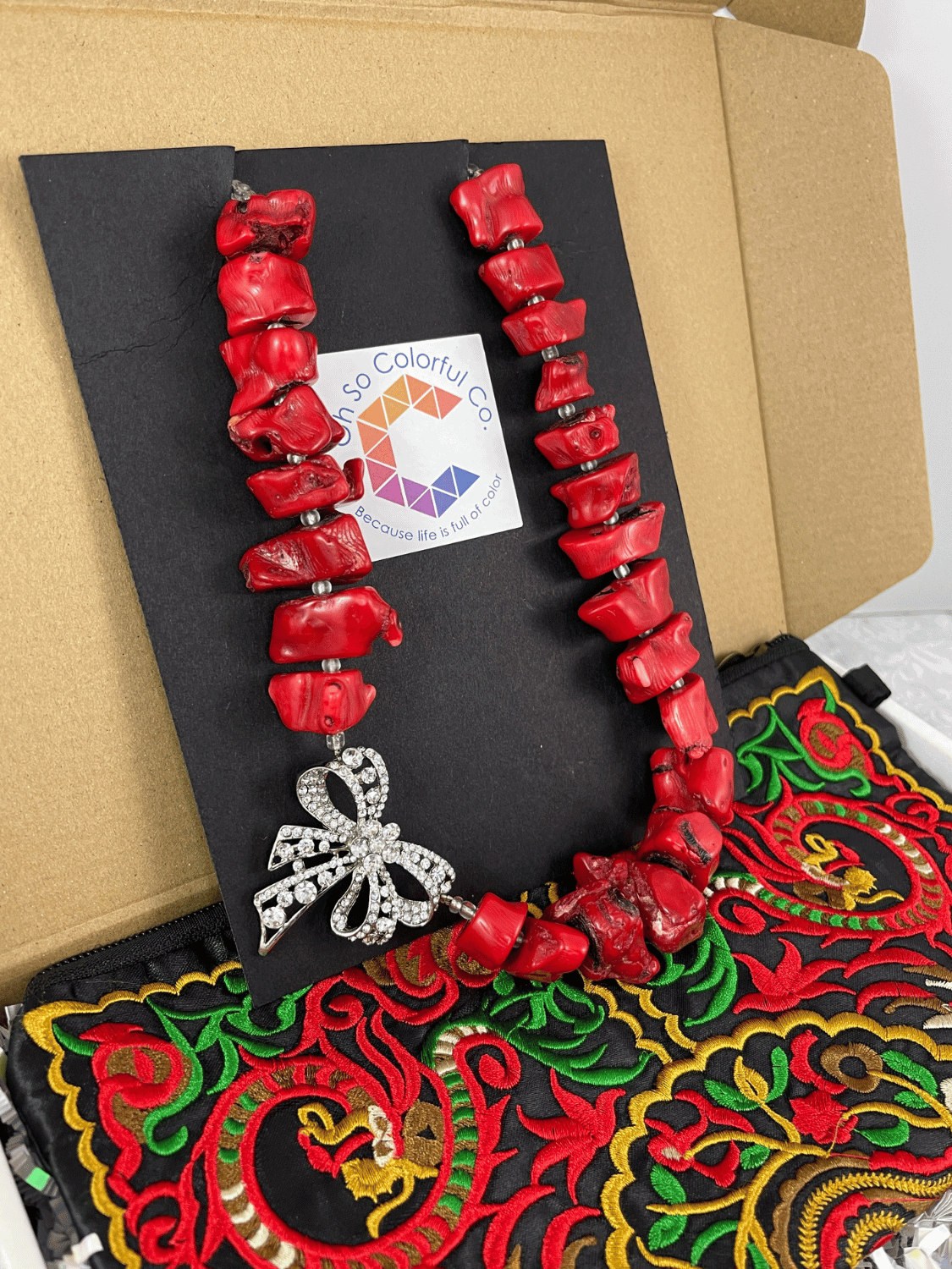 Chunky Red Statement Necklace and Floral Embroidery Clutch Set - OhSoColorful Co.