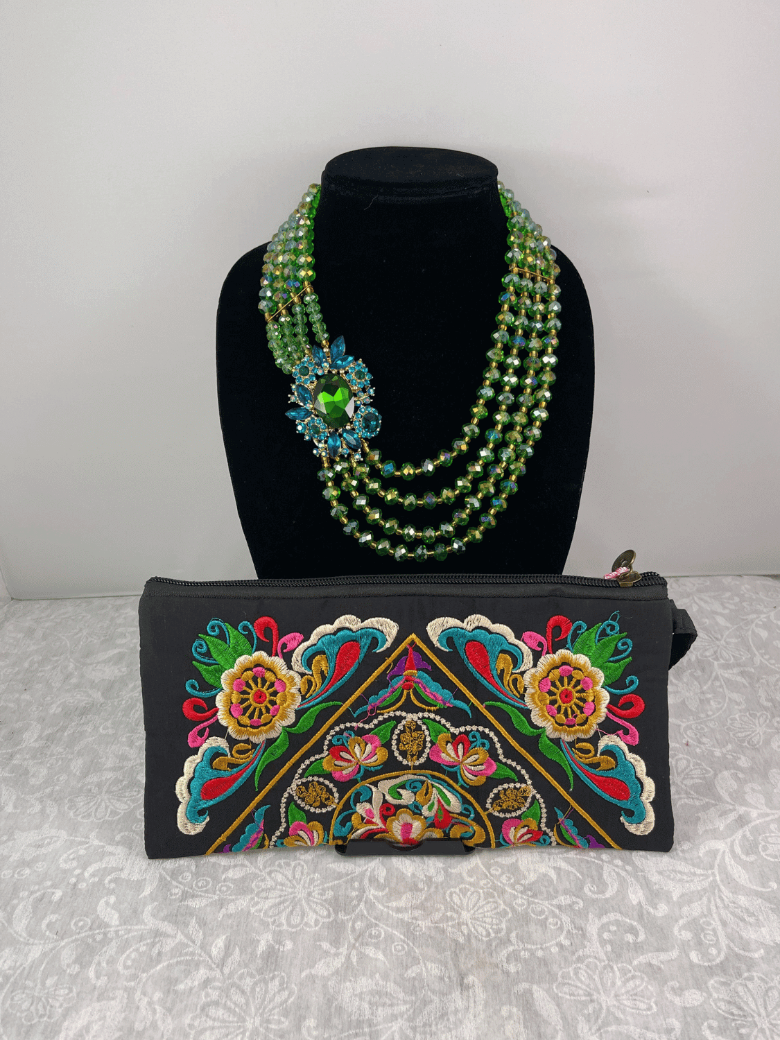 statement necklace, fashion necklace, bold necklace, chunky jewelry, Embroidered Clutch, clutch bag gift, evening bag, party clutch, bridesmaid gift, christmas jewelry, green necklace, beaded necklace, brooch necklace
