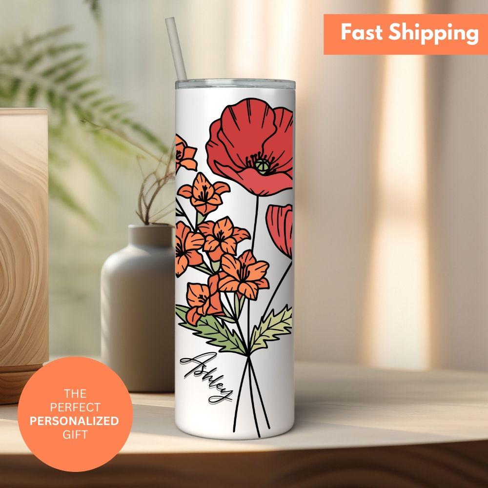 Personalized Birth Flower Skinny Tumbler With Name, Birth Flower Coffee Cup With Lid Straw, Bridesmaid Proposal, Personalized Tumbler