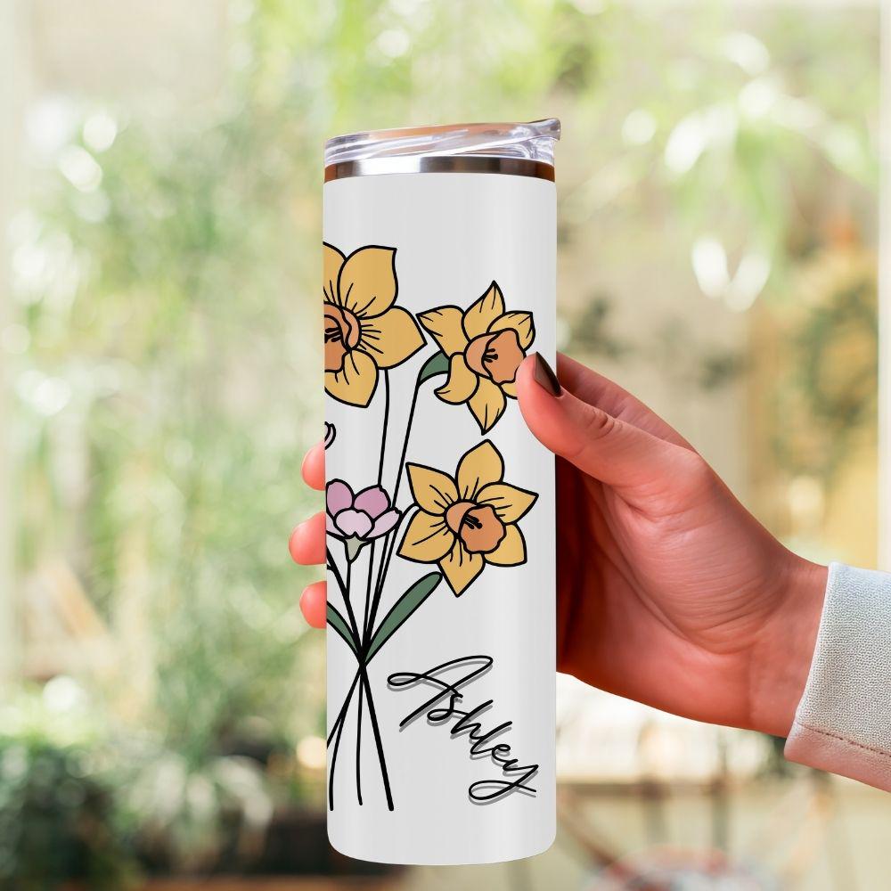 Personalized Birth Flower Skinny Tumbler With Name, Birth Flower Coffee Cup With Lid Straw, Bridesmaid Proposal, Personalized Tumbler