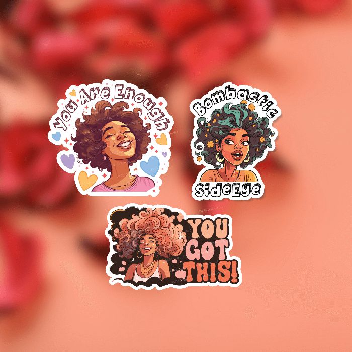 black woman stickers, melanin woman sticker, black girl stickers, afro girl stickers, labtop sticker, waterbottle sticker, journal sticker, planner sticker, tumbler sticker, bullet journal, retro sticker, inspirational sticker, positivity sticker, quote sticker, affirmation sticker, motivational sticker, Selflove sticker, aesthetic sticker