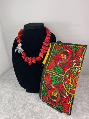 Chunky Red Statement Necklace and Floral Embroidery Clutch Set - OhSoColorful Co.