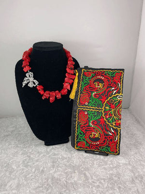 Chunky Red Statement Necklace and Floral Embroidery Clutch Set - OhSoColorful Co.