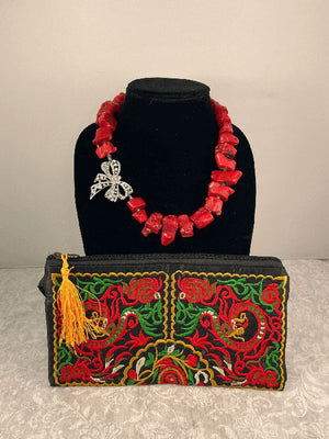 Chunky Red Statement Necklace and Floral Embroidery Clutch Set - OhSoColorful Co.