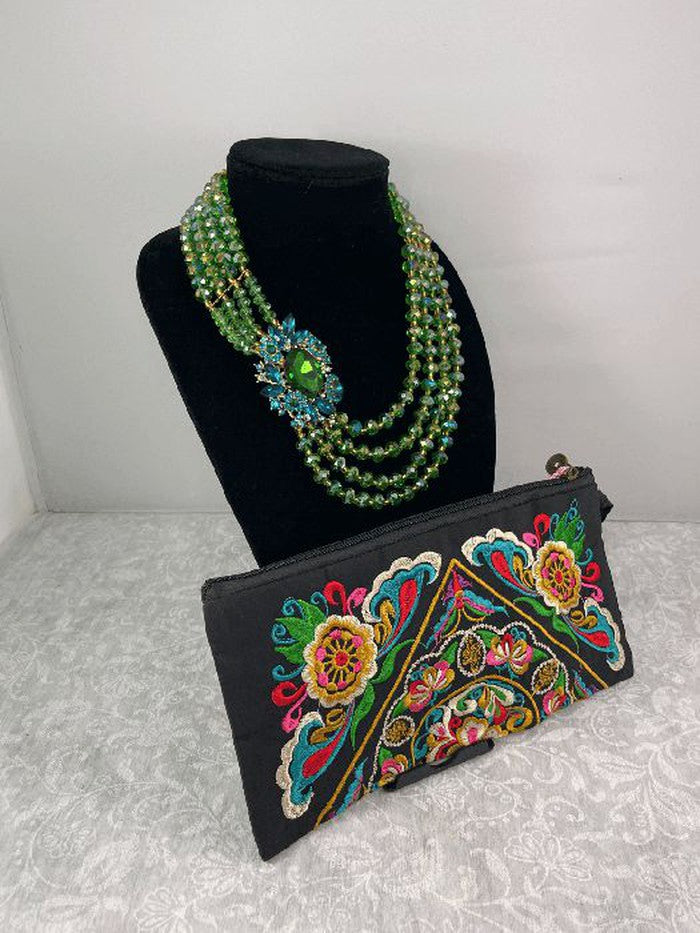 statement necklace, fashion necklace, bold necklace, chunky jewelry, Embroidered Clutch, clutch bag gift, evening bag, party clutch, bridesmaid gift, christmas jewelry, green necklace, beaded necklace, brooch necklace