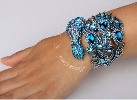 Peacock Silver And Rhinestone Statement Cuff - front view
