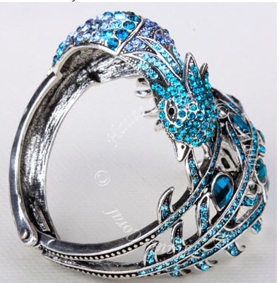 Peacock Silver And Rhinestone Statement Cuff - back view