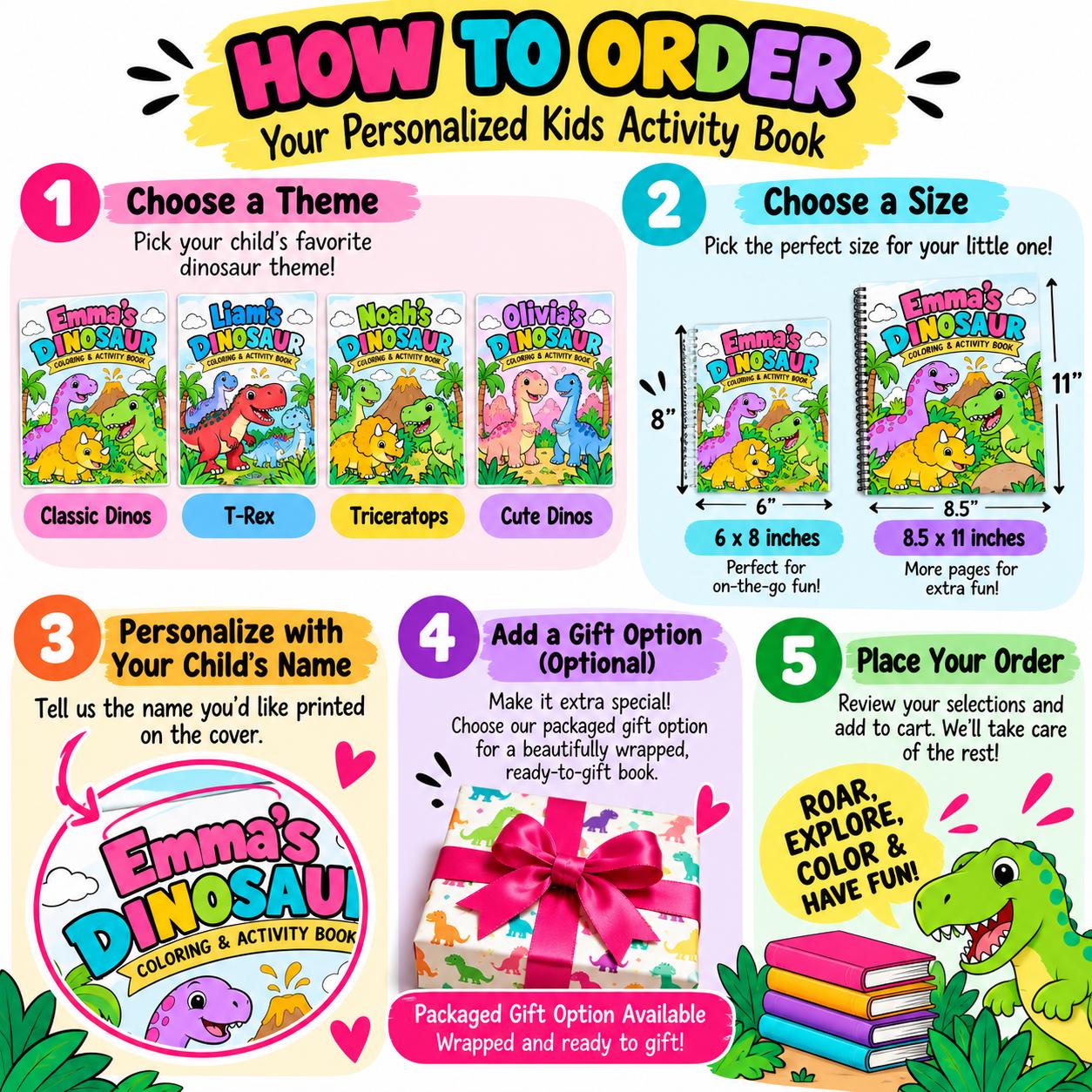 Personalized Children's Coloring Book, Custom Name, Dinosaur Theme (Ages 3-8) - alternate angle