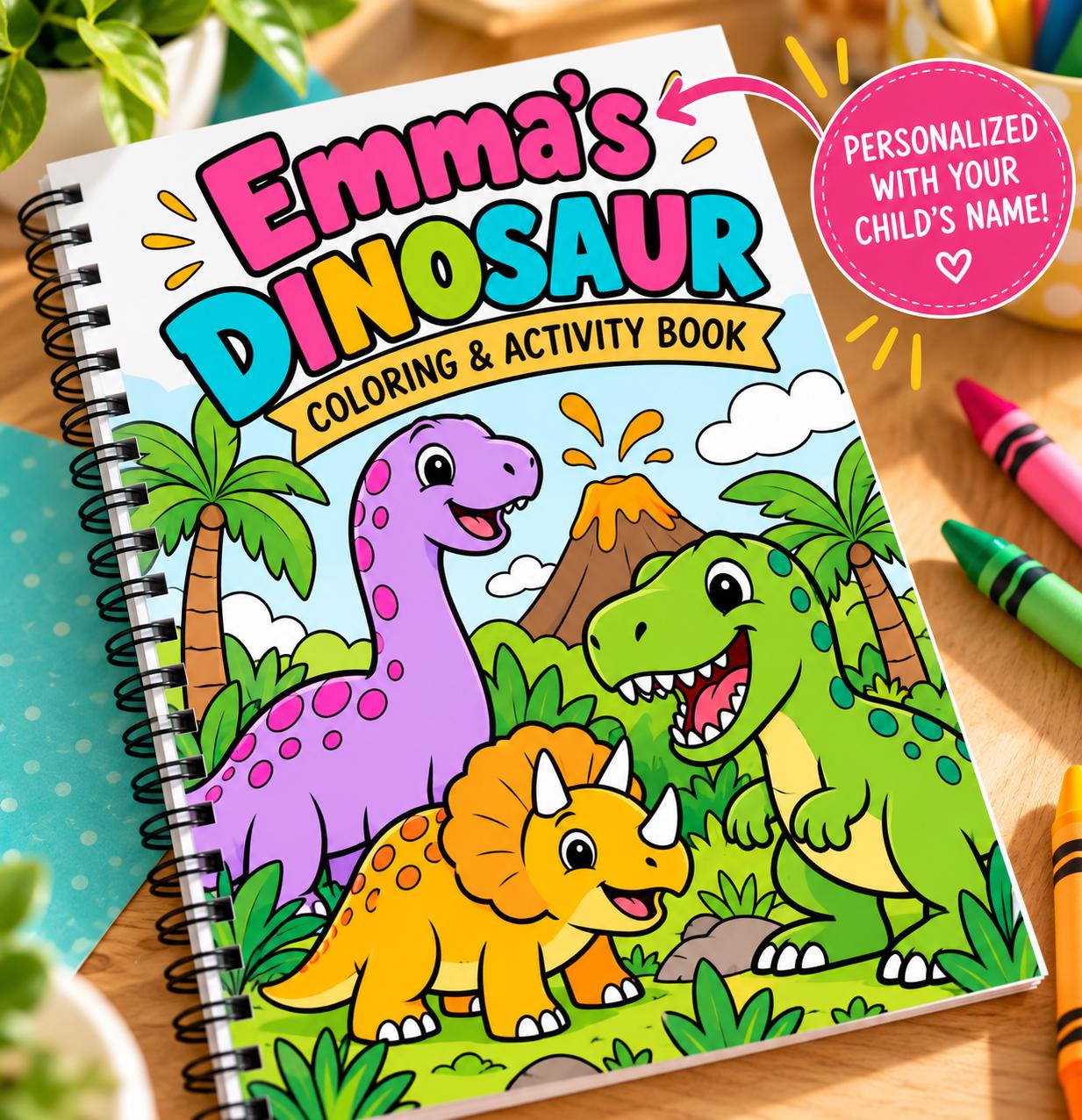 Personalized Children's Coloring Book, Custom Name, Dinosaur Theme (Ages 3-8) - front view