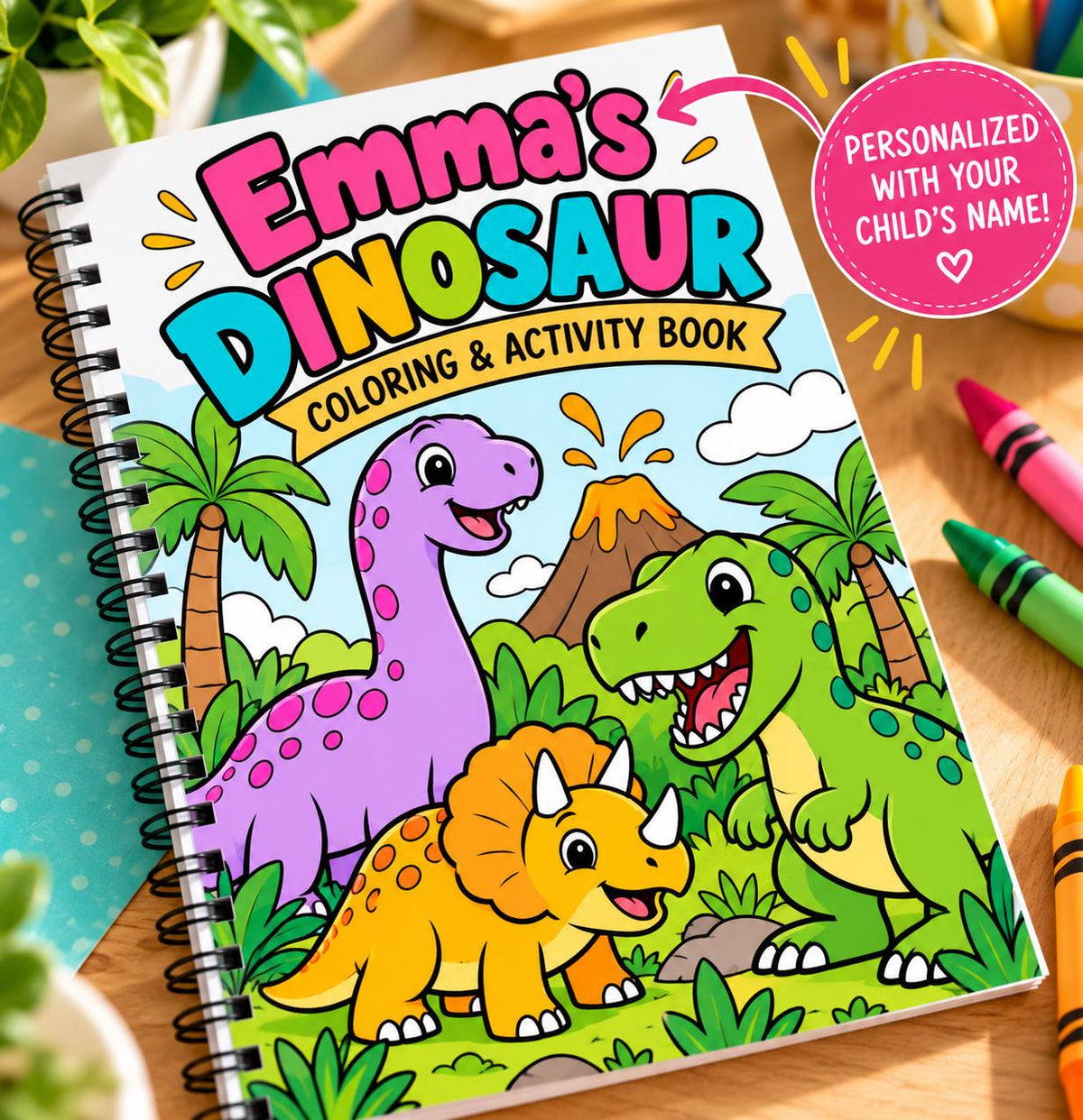 Personalized Children's Coloring Book, Custom Name, Dinosaur Theme (Ages 3-8) - front view