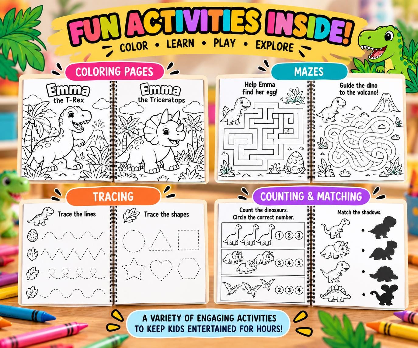 Personalized Children's Coloring Book, Custom Name, Dinosaur Theme (Ages 3-8) - additional view 9