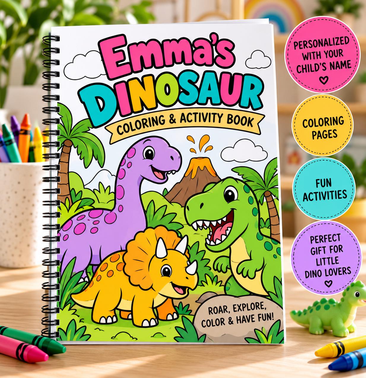 Personalized Children's Coloring Book, Custom Name, Dinosaur Theme (Ages 3-8) - back view