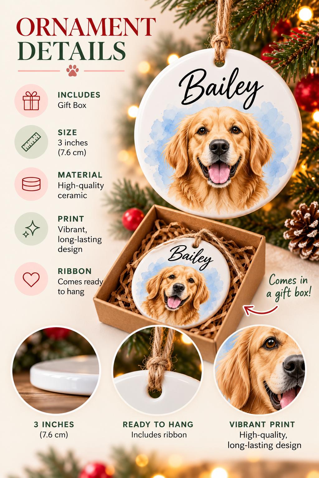 Pet Memorial Christmas Ornament, Personalized Pet Name Ornament in Heaven, Custom Dog Cat Memorial Gift, Rainbow Bridge - ...