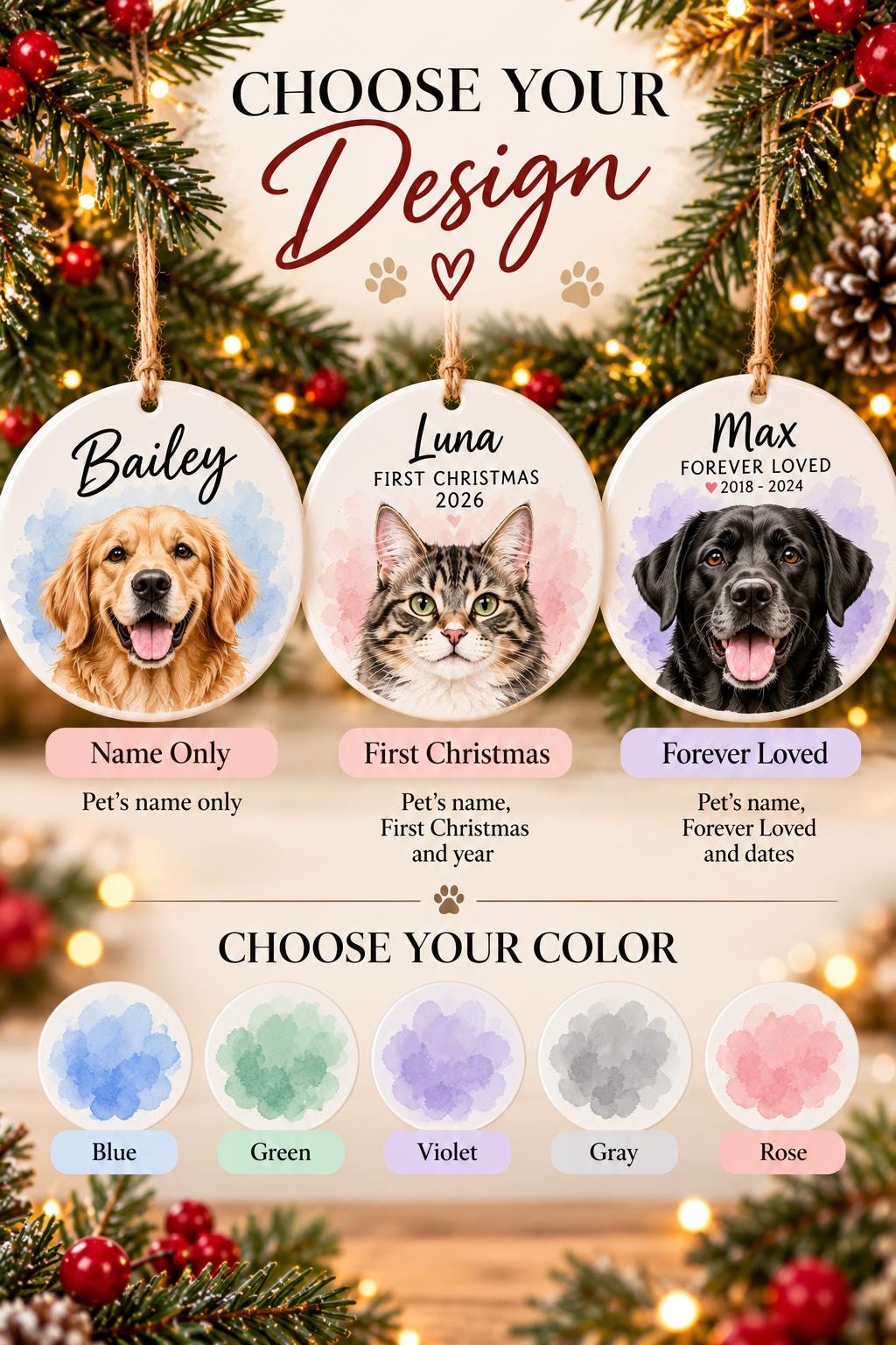 Pet Memorial Christmas Ornament, Personalized Pet Name Ornament in Heaven, Custom Dog Cat Memorial Gift, Rainbow Bridge - ...