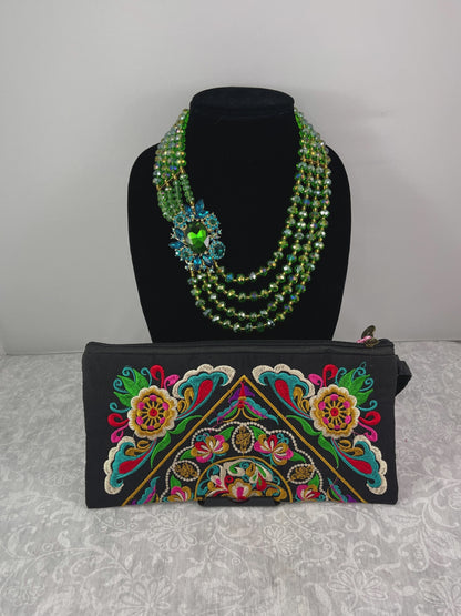 Chunky Red Statement Necklace and Floral Embroidery Clutch Set