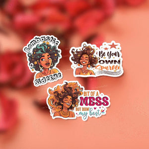 black woman stickers, melanin woman sticker, black girl stickers, afro girl stickers, labtop sticker, waterbottle sticker, journal sticker, planner sticker, tumbler sticker, bullet journal, retro sticker, inspirational sticker, positivity sticker, quote sticker, affirmation sticker, motivational sticker, Selflove sticker, aesthetic sticker